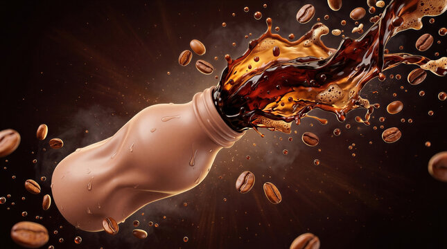 Coffee splashing out of a plastic bottle with flying coffee beans on dark background. Dynamic beverage splash with drops and foam. Ready to drink coffee drink. Energy and refreshment concept