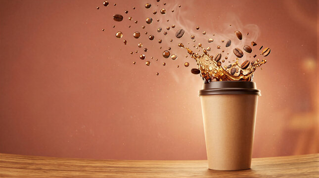 Disposable paper coffee cup with splashing liquid and flying coffee beans on warm brown backdrop. Steaming takeaway cup on wooden table. Hot drink energy, caffeine boost and beverage