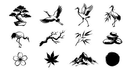 Fototapeta premium Japanese Sumi-e and Traditional Asian Ink Art Vector Set