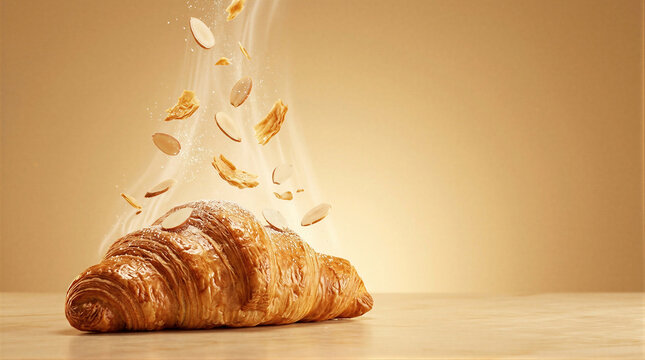 Fresh baked croissant on warm beige table with falling almond slices and flaky pastry pieces. French bakery pastry close-up. Breakfast and baking concept. Copy space.