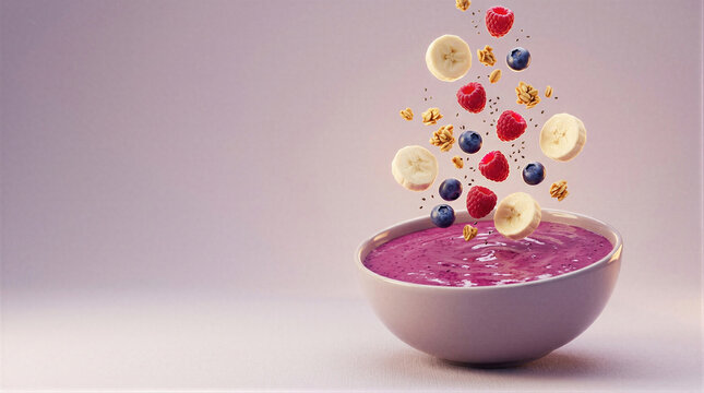 Smoothie bowl with raspberries, blueberries, banana slices and granola falling into purple berry smoothie. Levitating fruit over white bowl on pastel backdrop. Healthy breakfast