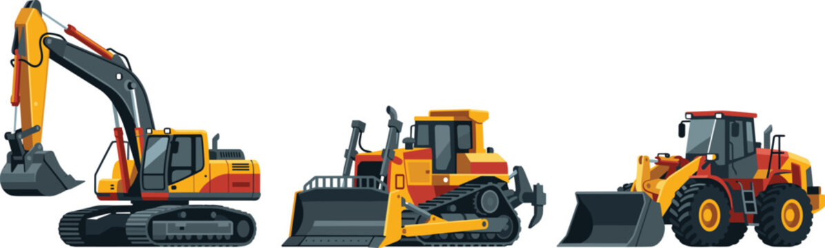 Set of three construction vehicles including an excavator, a bulldozer, and a wheel loader