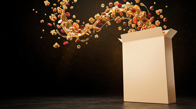 Granola cereal and dried fruit splashing out of open blank box on dark background. Honey swirl with almonds, walnuts, apricots and berries in mid-air. Blank packaging mockup for breakfast