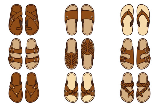 Set of various traditional brown leather sandals and slippers for men and women, including flip-flops, buckled straps, braided details, and gladiator styles, isolated vector illustration elements.