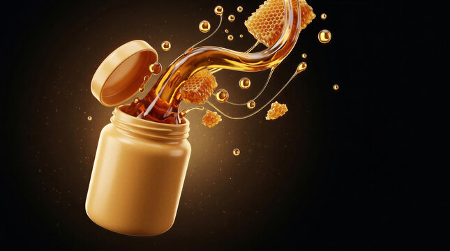 Golden honey flowing from an open jar with honeycomb pieces and swirling liquid drops on a dark background. Natural sweetener and organic food product. Packaging and copy space.