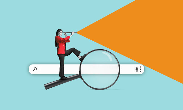 A young woman with a binoculars stands on a big magnifying glass. Isolated free search area. Searching for information on the internet concept.