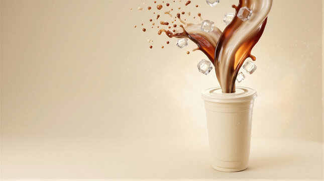 Iced coffee splashing out of takeaway cup with ice cubes and milk swirl. Dynamic beverage splash with copy space on beige background. Cold coffee drink and summer refreshment concept.