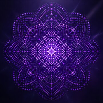 A symmetrical purple mandala pattern made of glowing dots and thin lines arranged in a circular floral shape on a dark deep violet background