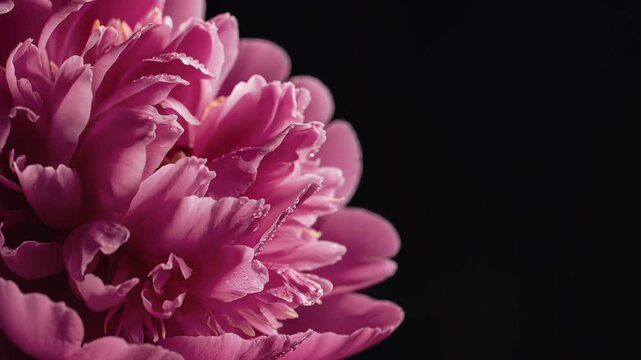 Close up of pink peony flower with dark background studio lighting