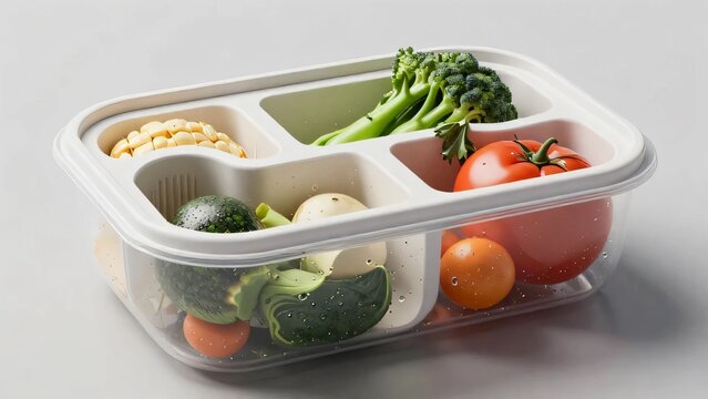 Surreal sustainable packaging concept showing a food container dynamically reorganizing its structure to protect stored produce