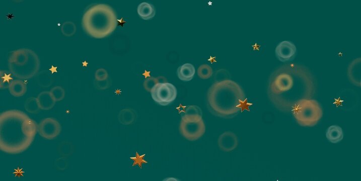 Sparkling golden stars and soft bokeh circles create a festive teal background.