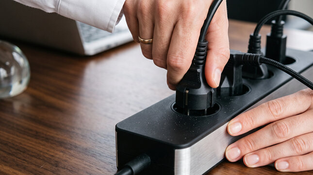 Black electric plug inserting into power strip, male hand plugging cord into extension socket, energy supply concept on wooden desk