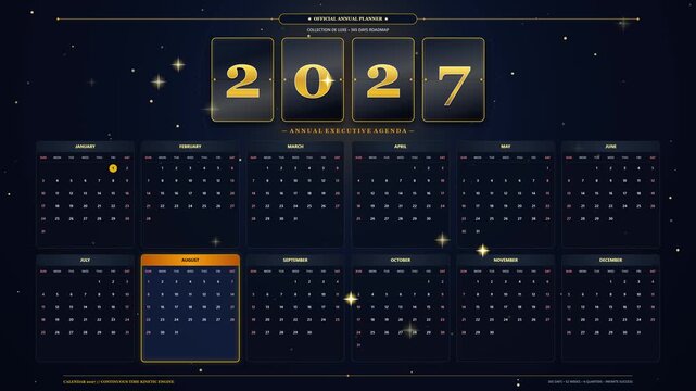 Commercial-grade 2D motion graphics calendar for 2027 featuring mechanical split-flap typography, 12 glassmorphic month pods, golden specular light sweeps, and floating stardust in a seamless 8-second