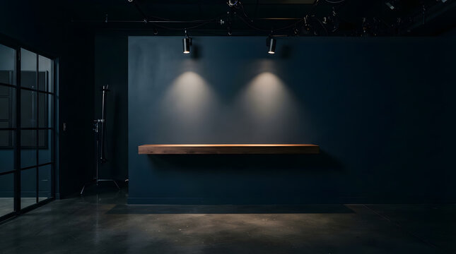 Modern minimalist dark blue interior background with a wooden floating shelf illuminated by spotlights in an empty studio space