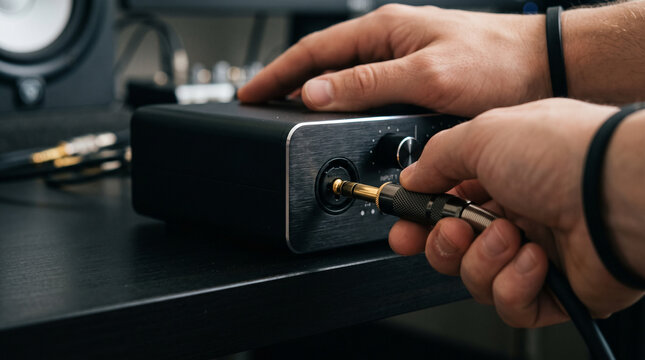 Audio interface connection in sound recording studio, music producer hands plugging jack cable into external sound card, professional home studio equipment setup