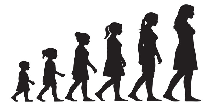 Female life cycle evolution silhouettes display aging process from baby to toddler and young girl to adult woman walking in chronological order.