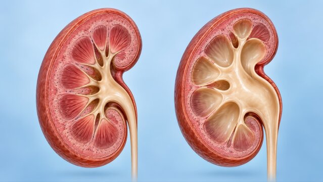 Normal kidney and hydronephrosis shown side by side in matched clinical CGI, comparing a normal collecting system with renal pelvis dilation on a clean urology medical background.