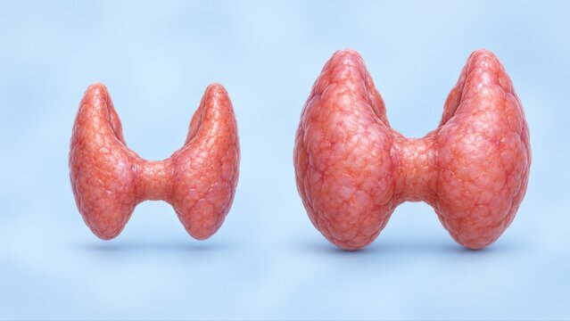 Normal thyroid and goiter shown side by side in matched clinical CGI, comparing normal gland size with diffuse enlargement on a clean endocrine medical education background.