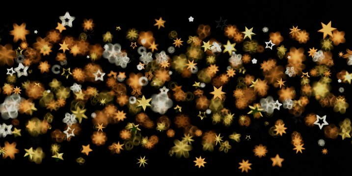 Bright golden and white star shapes create a festive bokeh background.