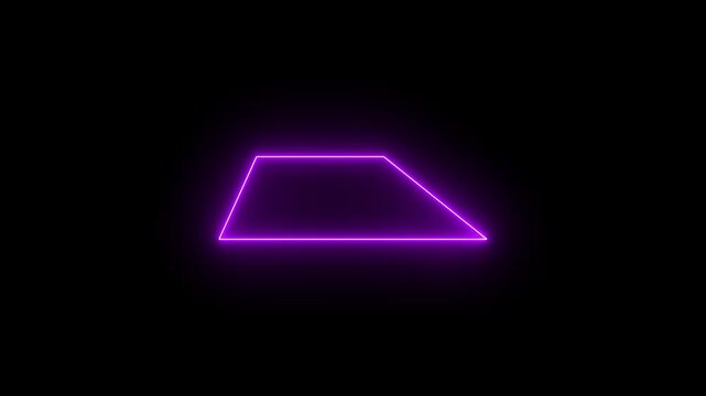 Glowing neon purple of an asymmetrical trapezoid quadrilateral geometric shape set against a black background. Animated geometric mathematical telemetry element, asymmetrical frame outline.