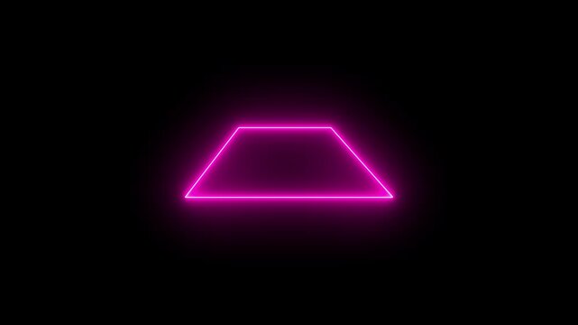 Glowing neon magenta icon of a trapezoid geometric shape set against a black background. Animated geometric mathematical telemetry element, trapezoidal frame outline, perspective alignment graphic.