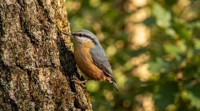 Eurasian Nuthatch Climbing Tree Trunk in Forest