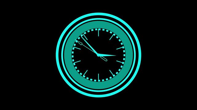 Glowing neon cyan icon of a multi-ringed circular analog clock face with detailed tick marks and hour, minute, and second hands against a black background. Animated high-tech timekeeping telemetry.