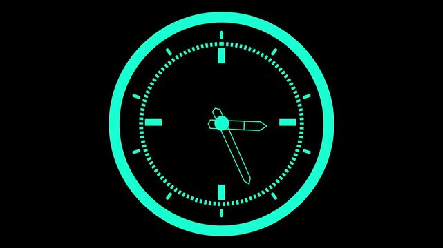 Glowing cyan icon of a circular analog clock face with detailed tick marks and hour/minute hands pointing to approximately  o'clock against a black background. Animated time tracking indicator.