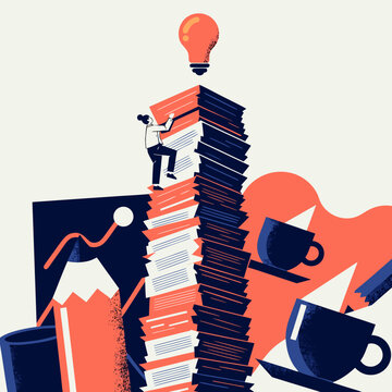 Flat lay vector illustration of woman climbing stack of papers reaching lightbulb idea, business growth concept with coffee cups and pencil, corporate productivity infographic