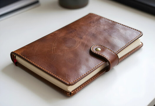 Productivity and planning, brown leather journal with snap closure on white desk for business organization and personal reflection in a modern office