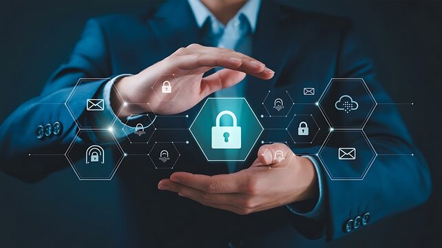 Businessman protecting data network security with virtual padlock icon and technology interface