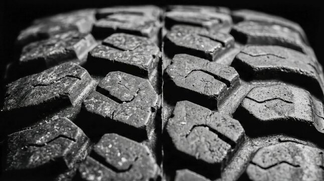 Macro shot of off-road tire tread blocks with sipes, a central groove, cracks, trapped particles, harsh side lighting, and shallow depth of field
