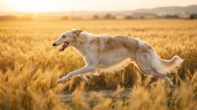 Borzoi dog running freely in a golden wheat field at sunset, golden hour light