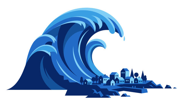 Flat design vector illustration of a massive blue tsunami wave crashing over a small coastal town village with houses and trees, isolated on a white background.