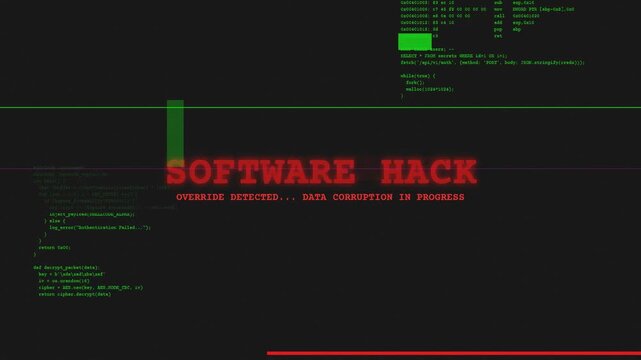 Software hack text display with digital glitch distortion, cybersecurity threat warning, data breach alert, system vulnerability, illegal network intrusion, server access simulation