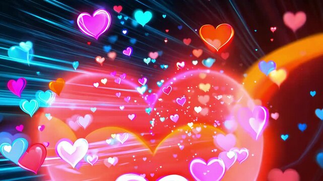 Glowing neon hearts flying through colorful light streaks, digital love, romantic energy, social media likes, Valentine's Day motion.
