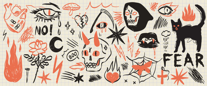 Horror scribble witchcraft doodle element for poster, social media Halloween party. Demonic scary doodles. Rough hand drawn sketchy grunge illustrations of skeleton, death, black cat and vampire demon