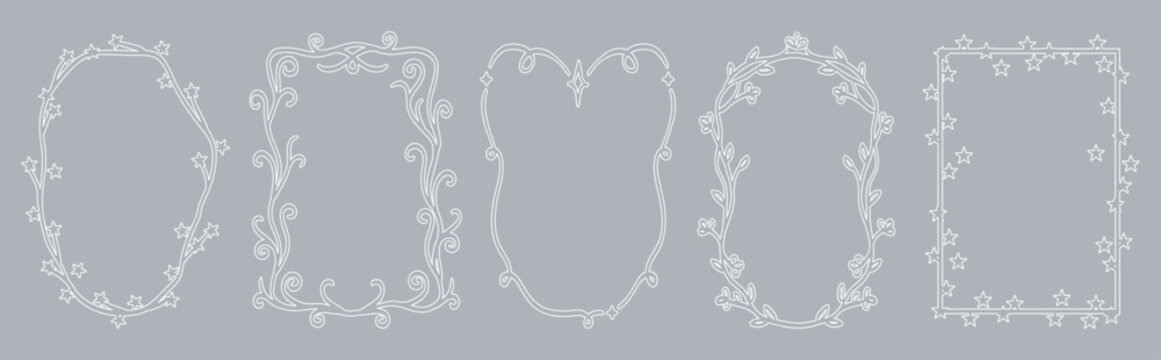 Dreamy hand drawn frames. Curly whimsical playful botanical or star shapes with squiggles and wavy detail. Doodle frame collection for wedding invitations, social media, scrapbook photo collage.