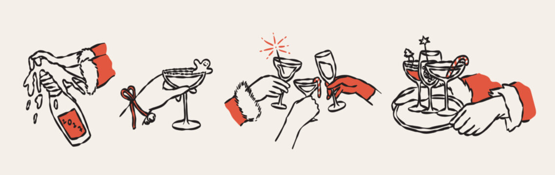 People celebrating Christmas holding glass of white sparkling or red wine, champagne or martini cocktail. Cheers vector illustration for greeting card, postcard, new year party invitation, menu design