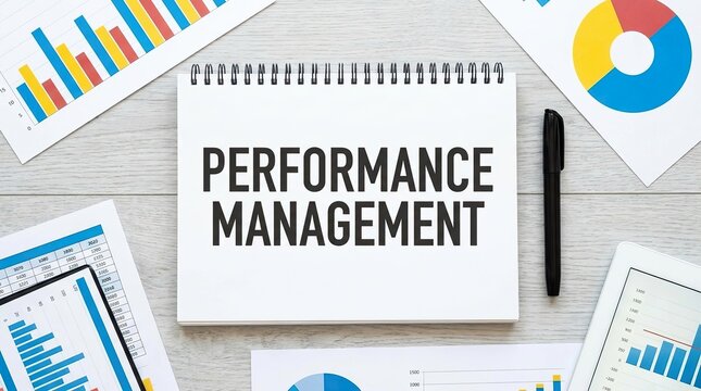 Performance management concept illustrated with various data charts and a black pen resting on a light gray textured surface for business strategy