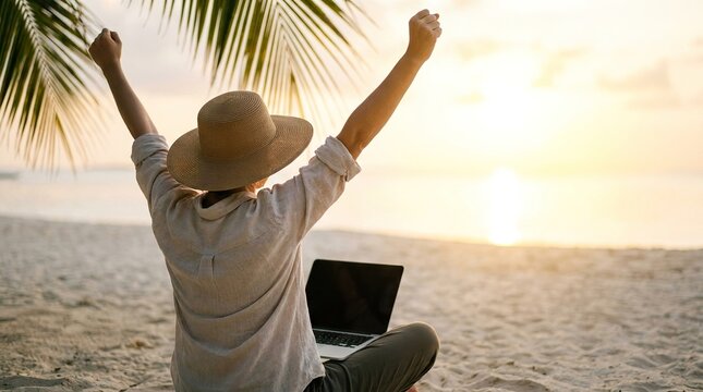 Woman enjoying a peaceful moment on the beach with arms raised towards the warm sunset glow and palm trees