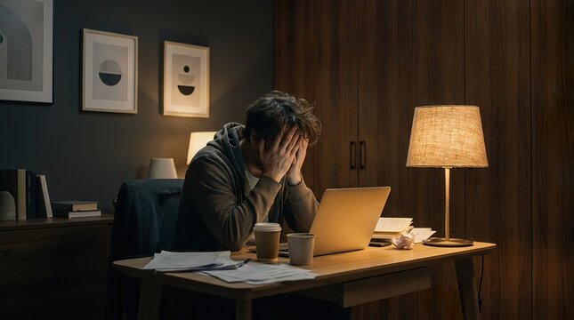 Overworked young woman sits at desk late at night overwhelmed with work and stress in a dimly lit room
