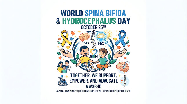 Two cartoon children, one bearing a spina bifida symbol and the other a hydrocephalus symbol, sit together inside a circular frame of hands decorated with yellow and blue ribbons, a brain, a spine