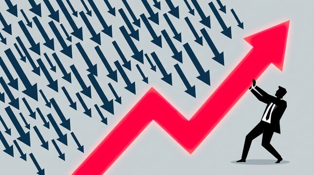 A businessman struggles to push a large red arrow upwards against a backdrop of falling charts and graphs