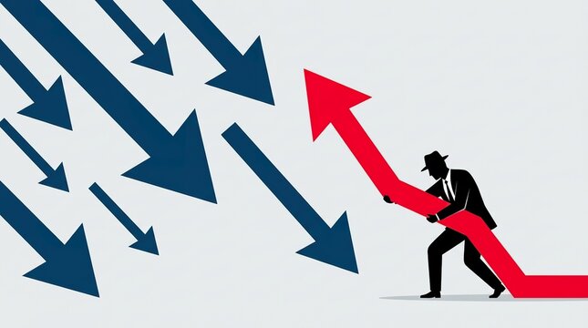 A determined business professional powerfully pushes back against a large number of declining arrows symbolizing resilience and ultimate achievement
