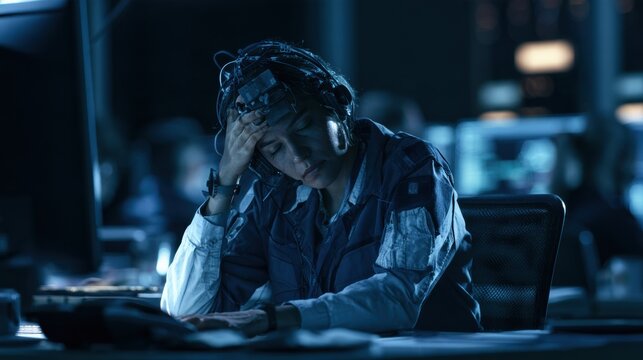 An employee is wearing an unobtrusive neural monitor while fatigue and attention levels are being tracked in a professional setting.