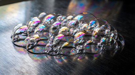 Fototapeta premium Iridescent soap bubbles glistening on a reflective metallic surface with colorful light refractions