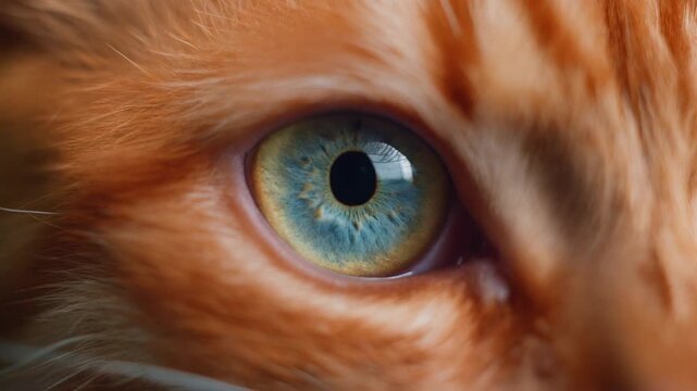 Extreme macro photorealistic footage of a beautiful cat with naturally warm red-orange fur and blue iris
