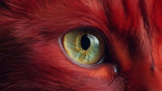 Extreme macro photorealistic footage of a beautiful cat with naturally rich crimson-red fur and olive-green iris
