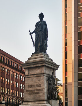 Our Lady of Victories bronze statue (also known as the Portland Soldiers' and Sailors' Monument), built in 1889 in Monument Square, Portland, Maine, New England 